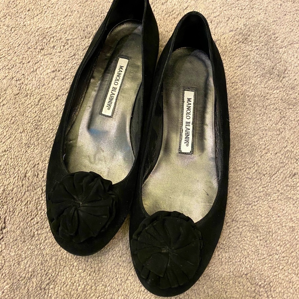 Manolo Blahnik Black Suede Rosette Round-Toe Flats